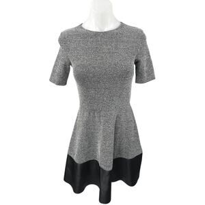 Aqua Gray Tweed Faux Leather Hem Short Sleeve Mini A-Line Fit & Flare Dress Sz S